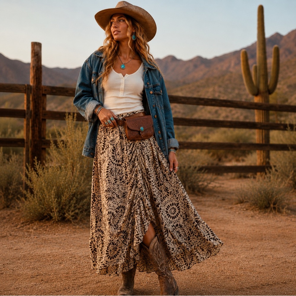 Anthro Cordelia Boho Print Western Neutral Prairie Midi Skirt Ruched Festival M